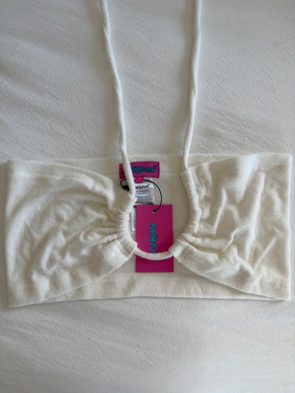 Edikted White Terry Halter Crop Top with Pink Branded Tag